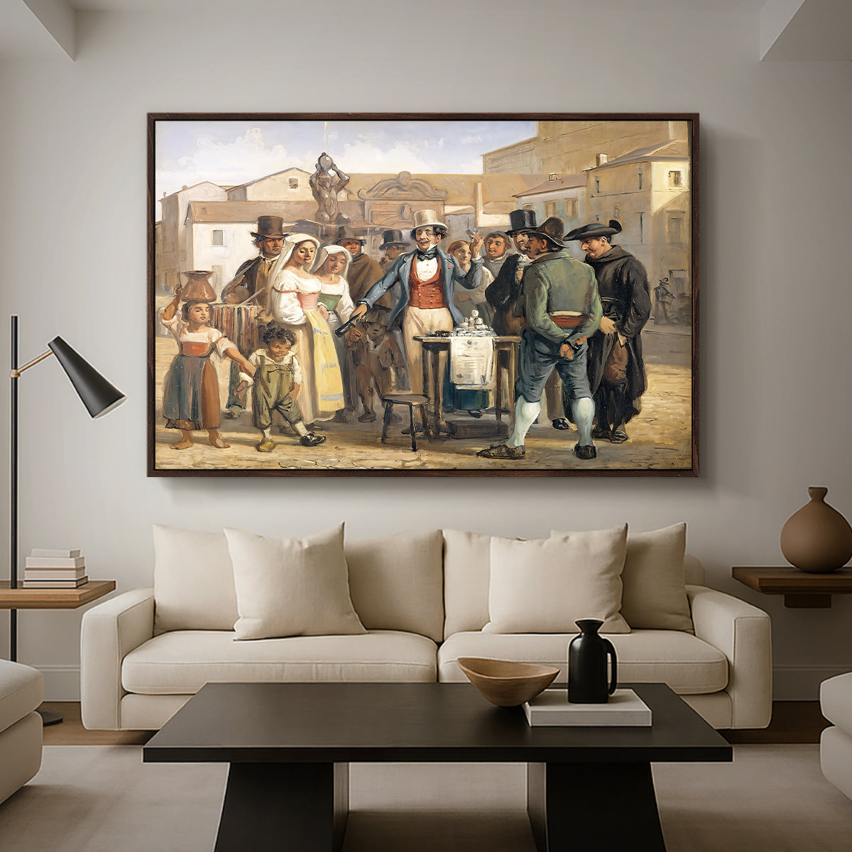 A Charlatan Selling Blacking in the Piazza Barberini in Rome, c. 1840-1849 - Floater Framed Canvas Print