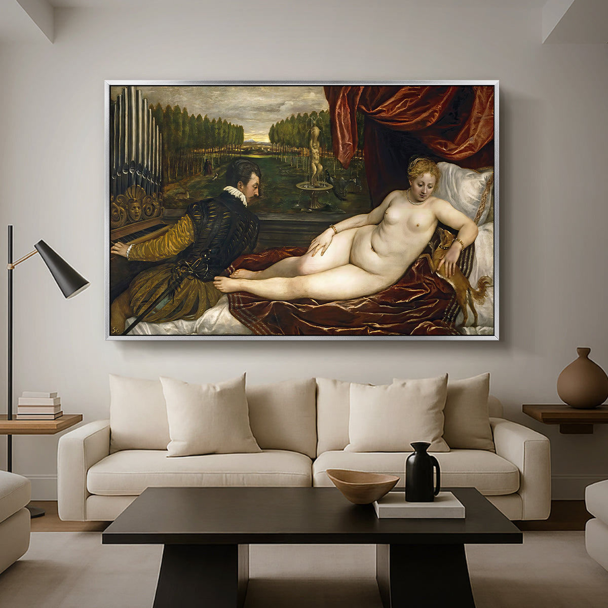 Venus with an Organist and a Dog, c. 1550 - Floater Framed Canvas Print