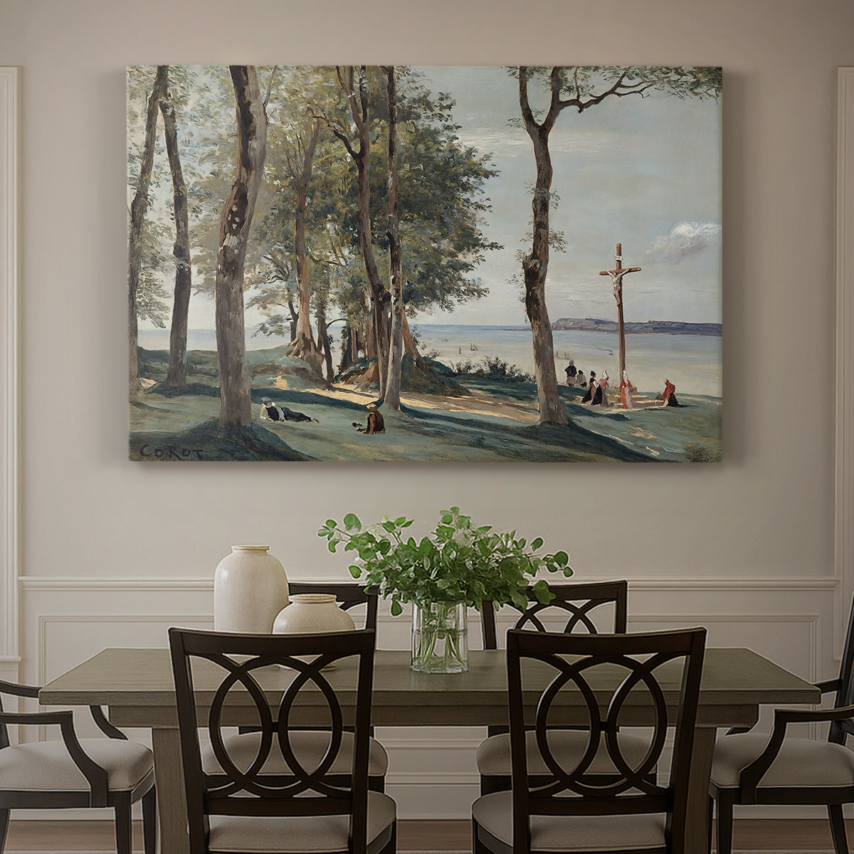 Canvas art print featuring a hillside landscape with religious cross overlooking trees and distant terrain, showcased as a statement wall artwork
