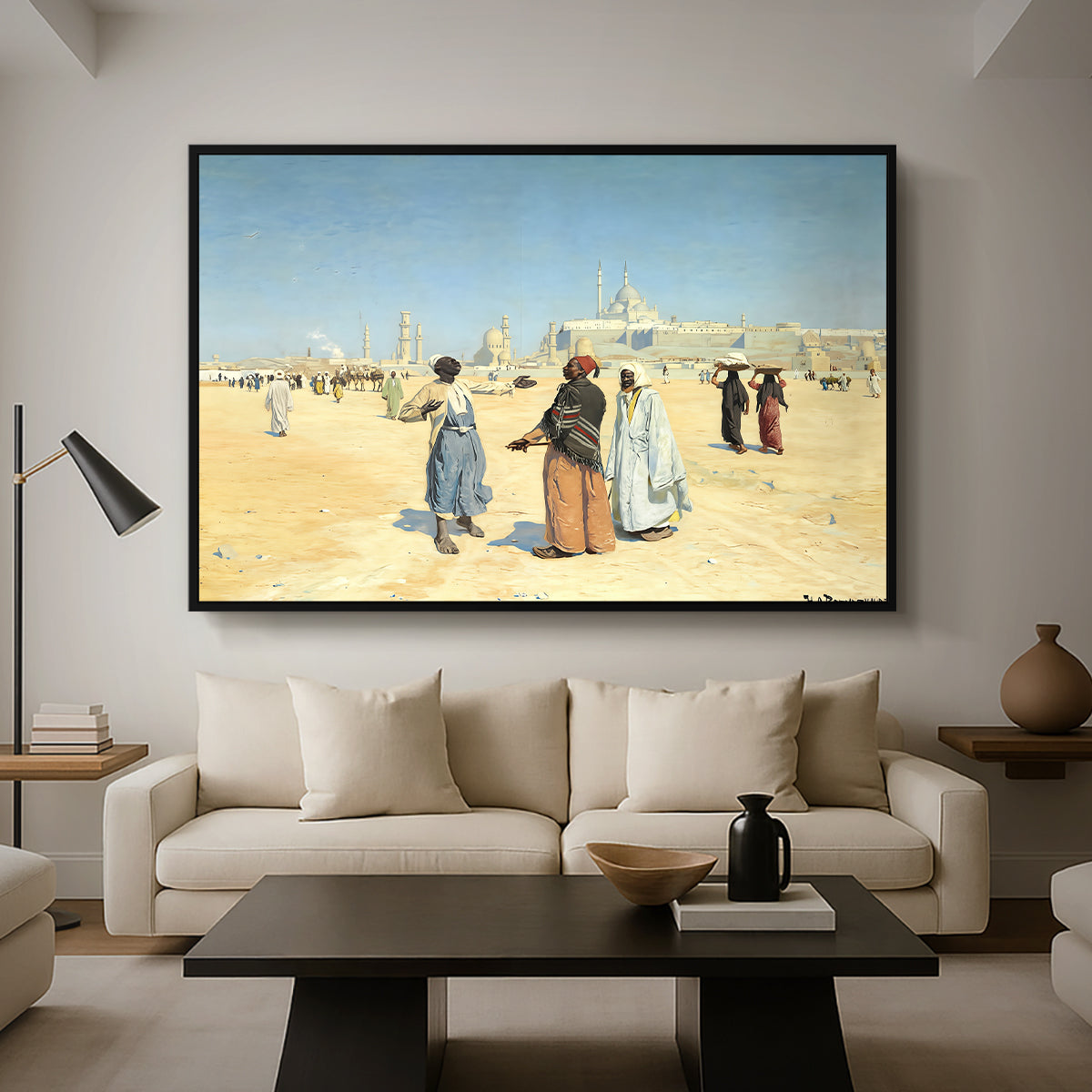 View from the Desert of Cairo with Citadel and Mamluk Tombs in the Background, c. 1889-1890 - Floater Framed Canvas Print