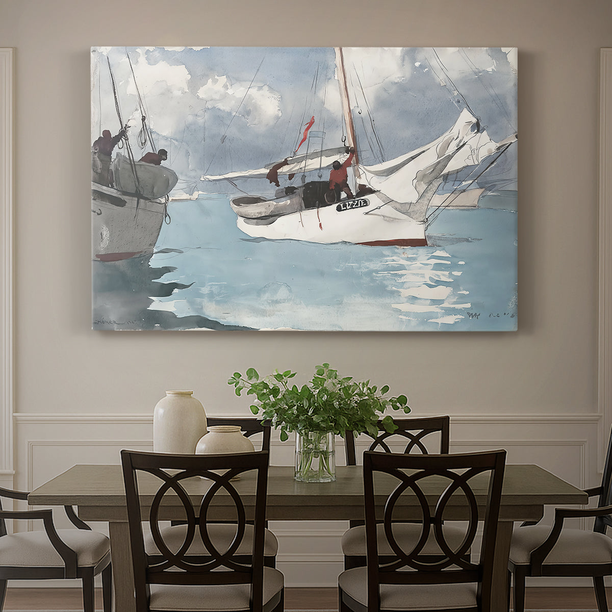 Canvas art print featuring small boats anchored in shallow water with shoreline in background, showcased as a statement wall artwork