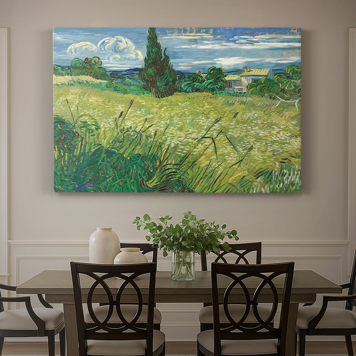 Canvas art print featuring a wheat field with tall cypress tree rising against vivid sky, showcased as a statement wall artwork