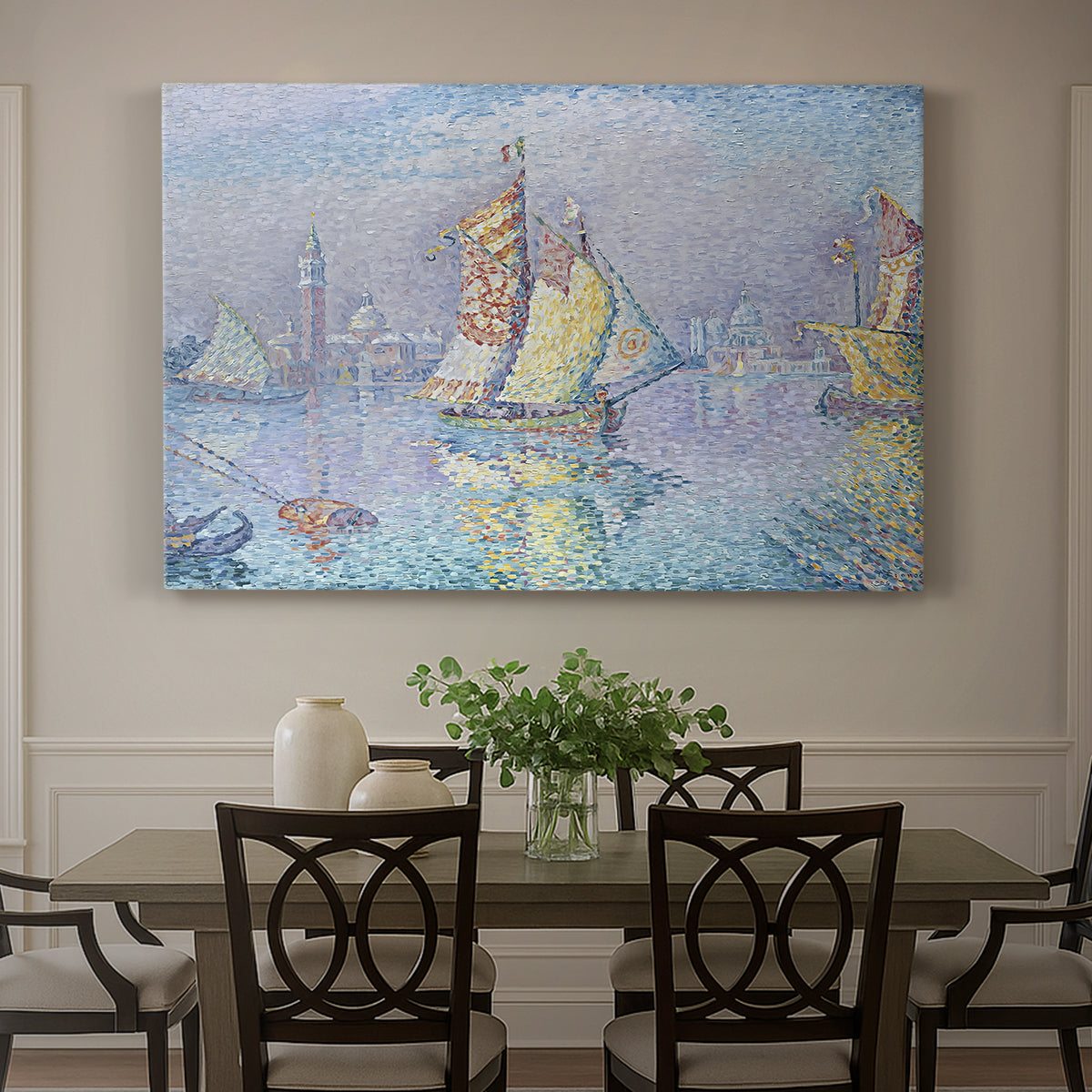 Canvas art print featuring a boat with yellow sail on water, showcased as a statement wall artwork