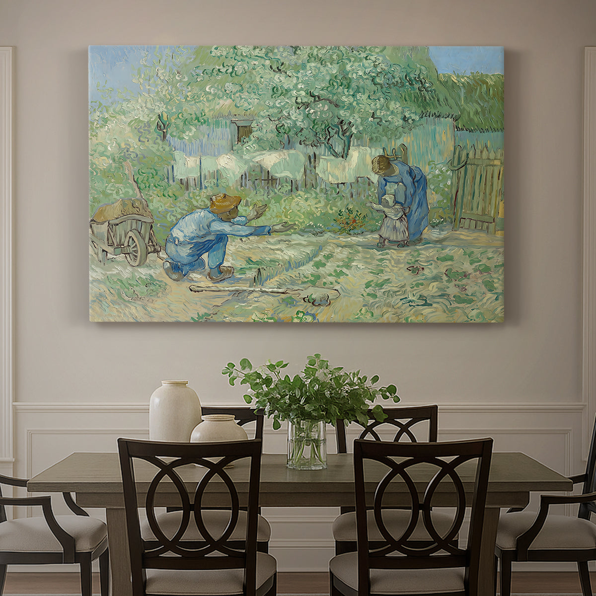 Canvas art print featuring a rural family scene with child taking first steps between adults outdoors, showcased as a statement wall artwork