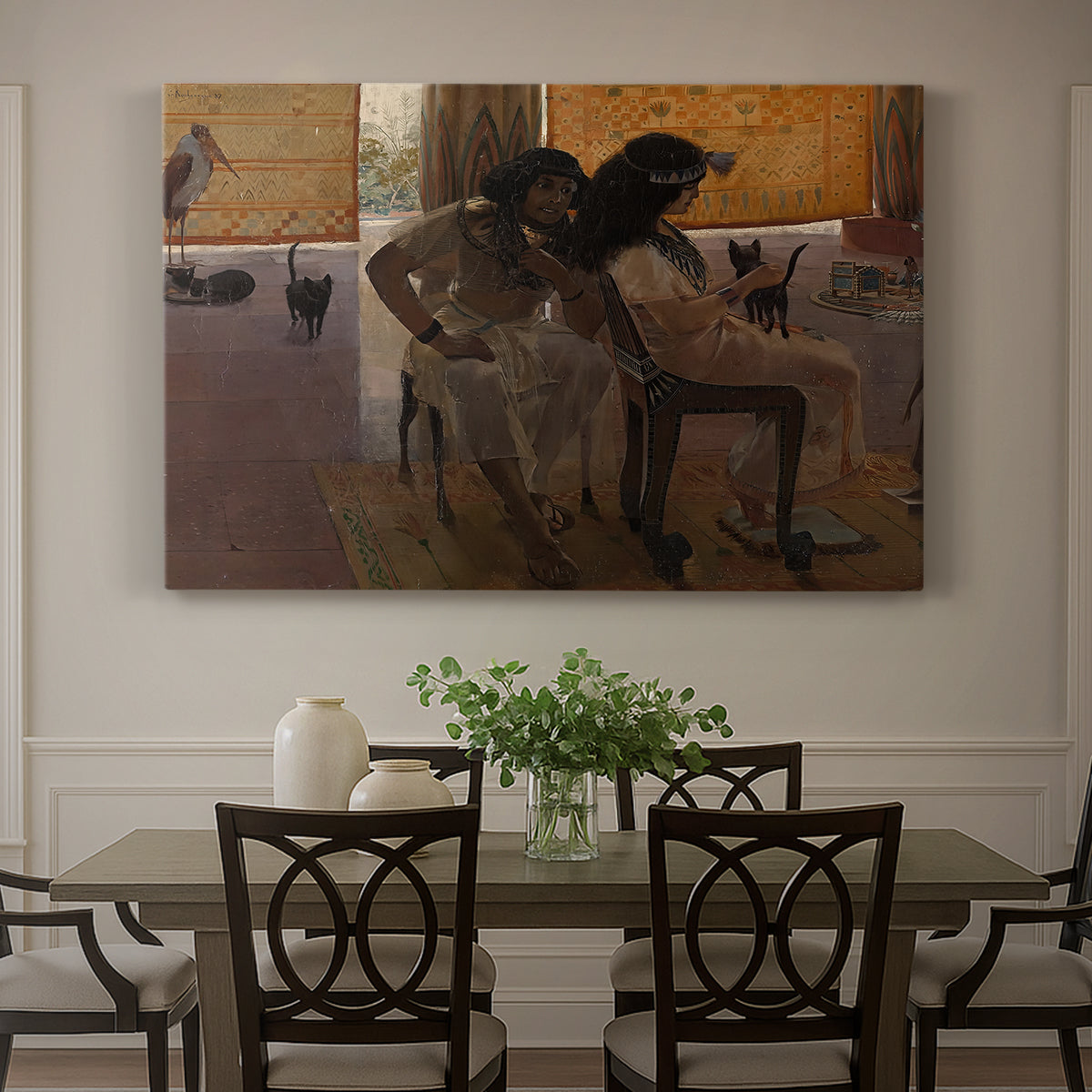 Canvas art print featuring ancient Egyptian figures gathered in ceremonial or architectural setting, showcased as a statement wall artwork