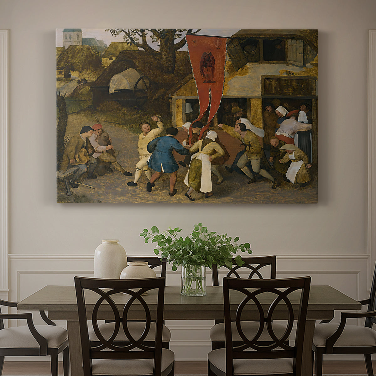 Canvas art print featuring villagers gathered outdoors celebrating in festive scene, showcased as a statement wall artwork