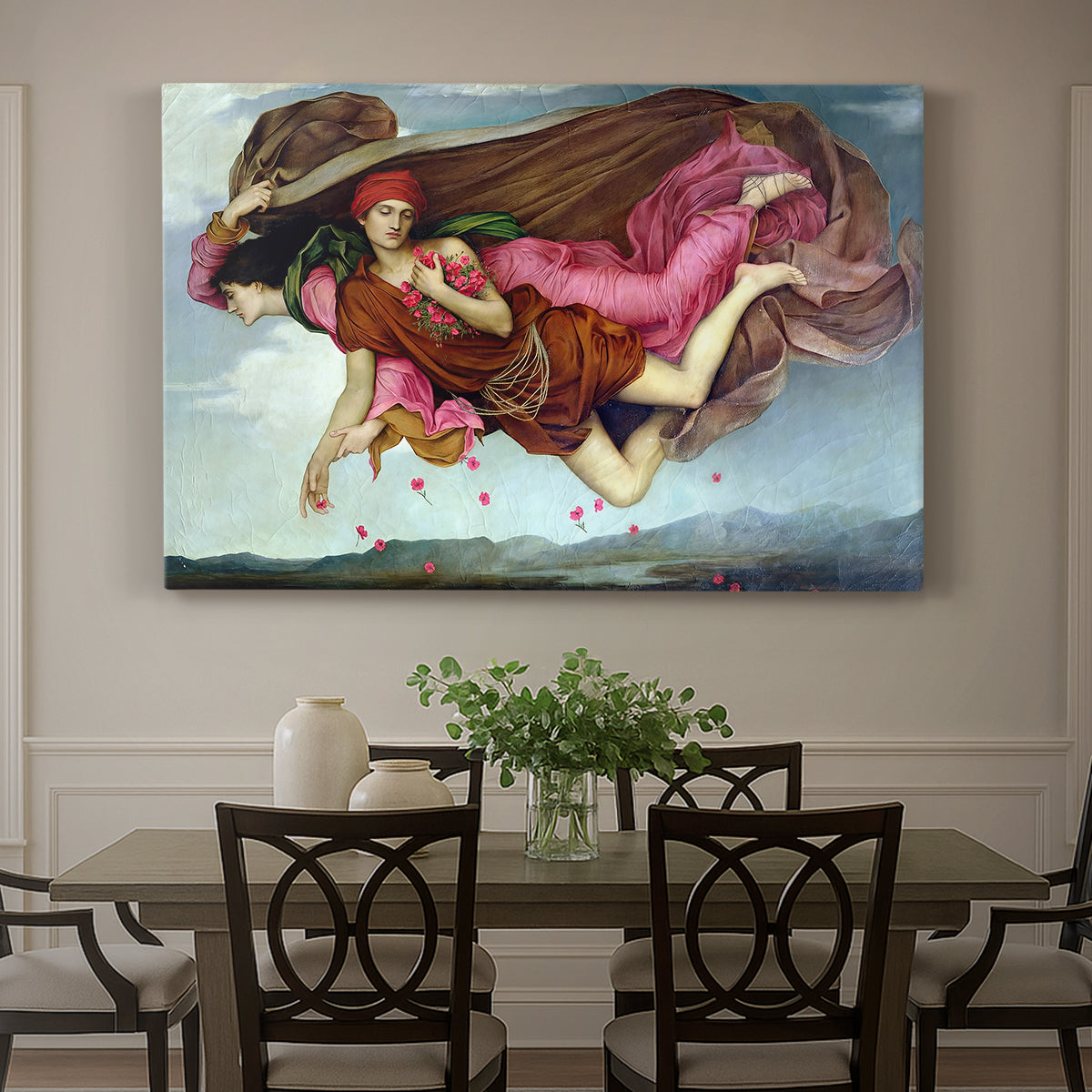 Canvas art print featuring two intertwined female figures floating through dark sky representing night and sleep, showcased as a statement wall artwork