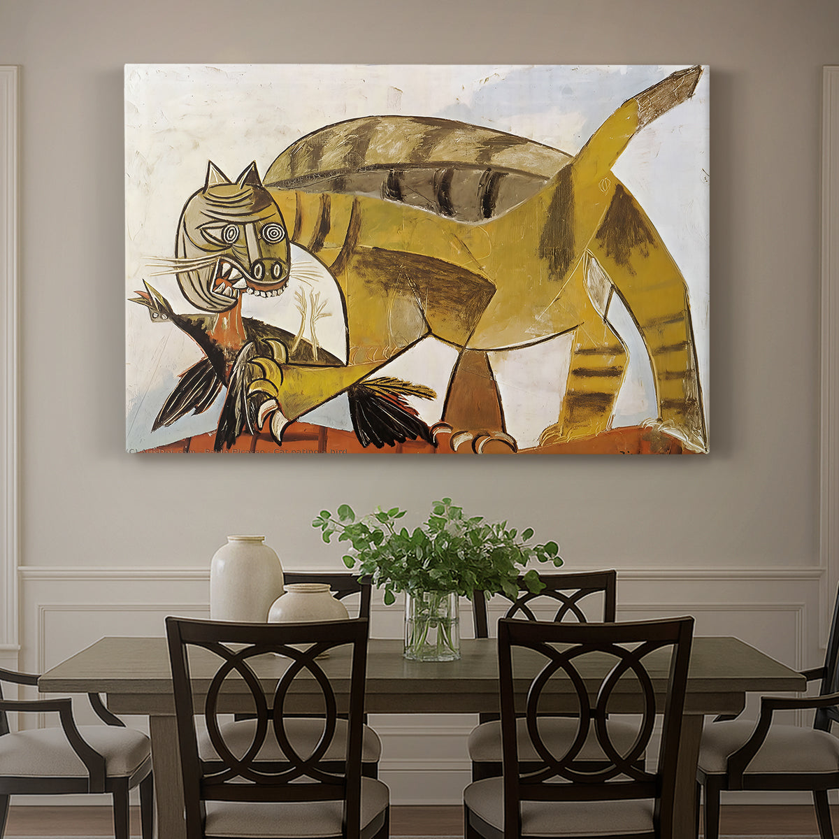Canvas art print featuring a stylized cat holding bird in mouth with angular forms, showcased as a statement wall artwork