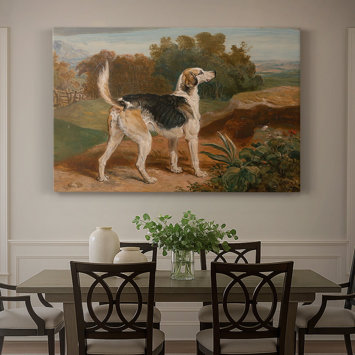 Canvas art print featuring a hunting hound standing in landscape with focused posture, showcased as a statement wall artwork
