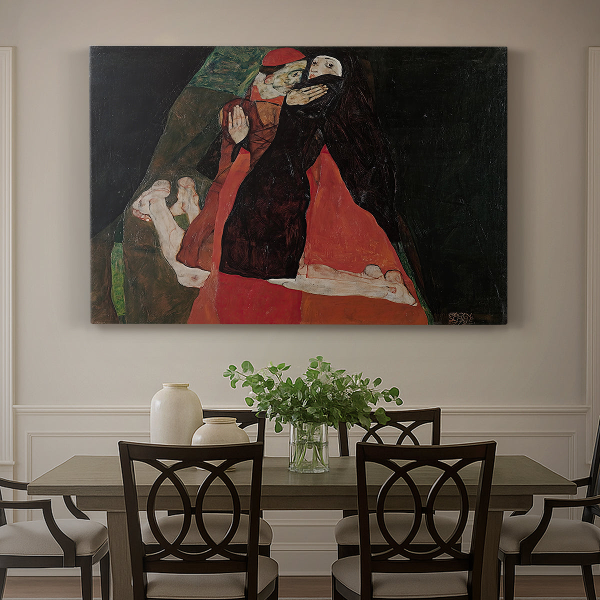 Canvas art print featuring two figures embracing intimately in stylized expressionist composition, showcased as a statement wall artwork