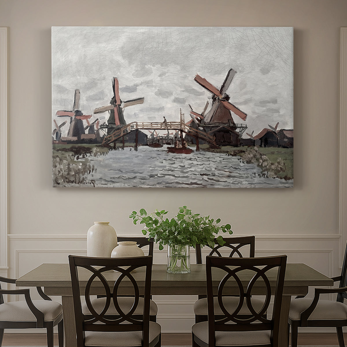 Canvas art print featuring windmills standing beside water under open sky in rural landscape, showcased as a statement wall artwork