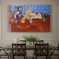 Canvas art print featuring a still life with pewter jug and pink statuette on a patterned table, showcased as a statement wall artwork