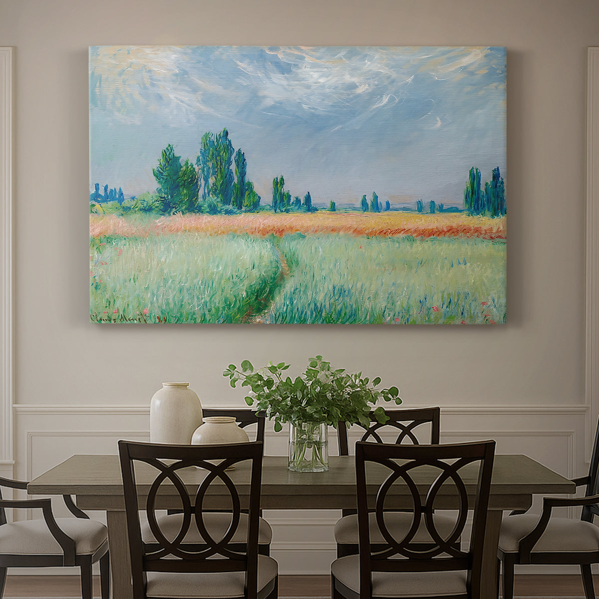 Canvas art print featuring a golden wheat field stretching across landscape under soft sky, showcased as a statement wall artwork