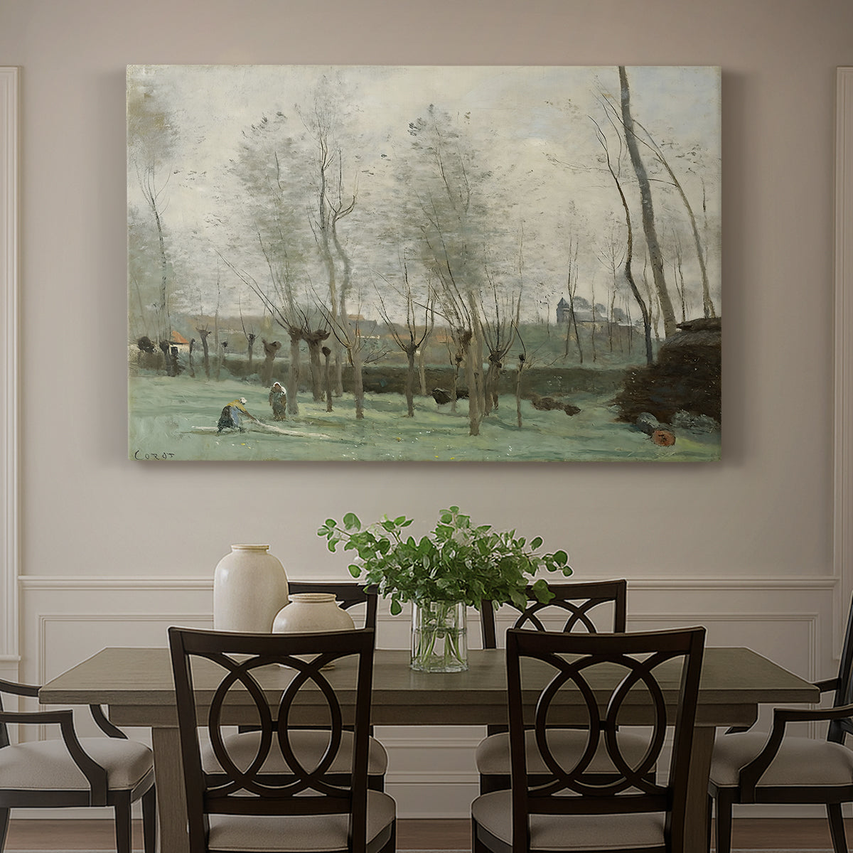 Canvas art print featuring women washing clothes beside water under willow trees, showcased as a statement wall artwork