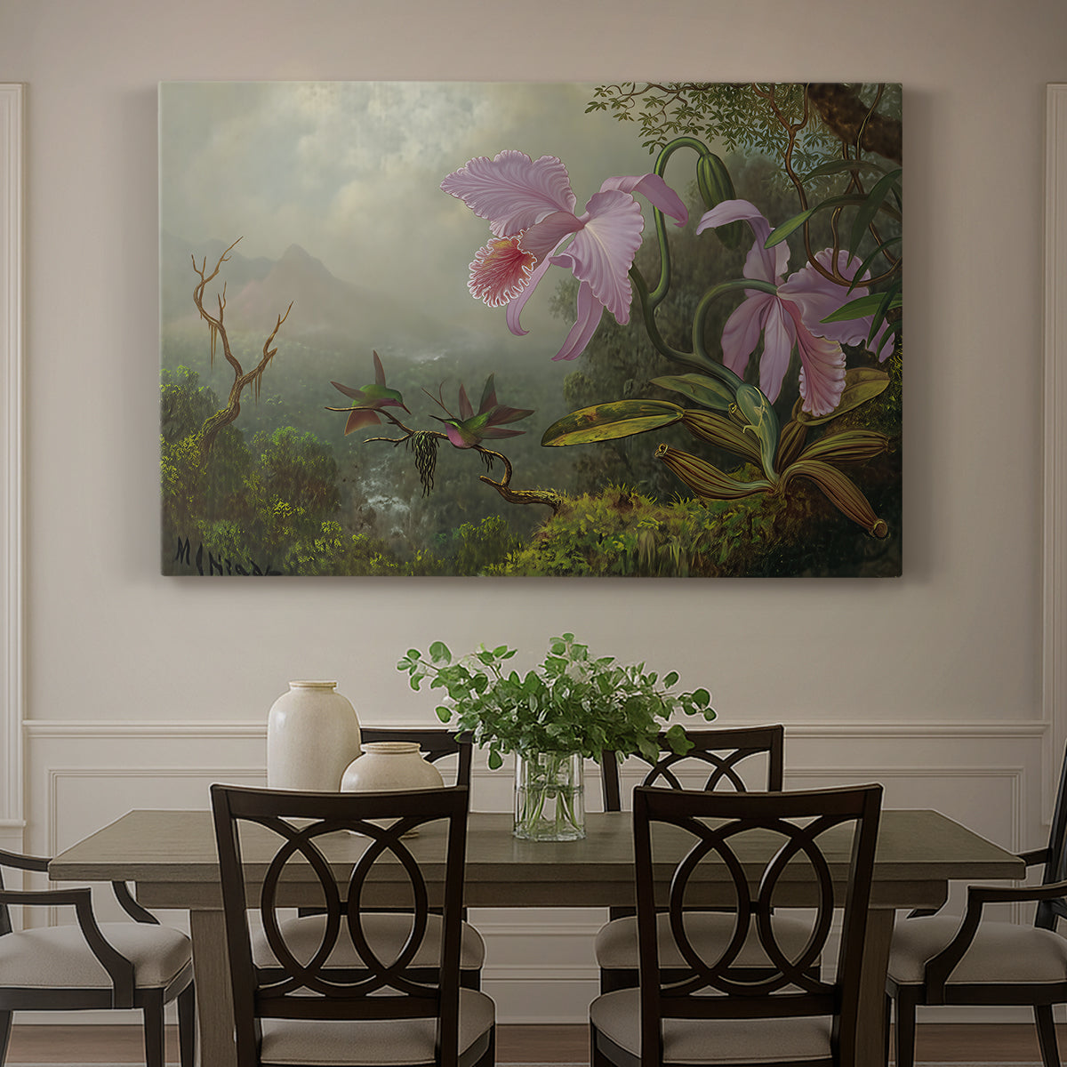 Canvas art print featuring two hummingbirds perched on branch with foliage, showcased as a statement wall artwork