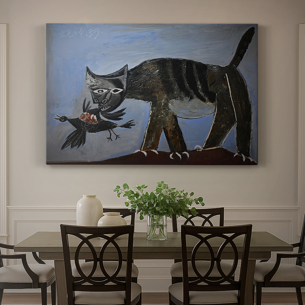 Canvas art print featuring an abstract cat lunging toward bird in angular form, showcased as a statement wall artwork