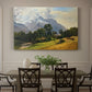 Canvas art print featuring an alpine mountain landscape with towering peaks and valley below, showcased as a statement wall artwork