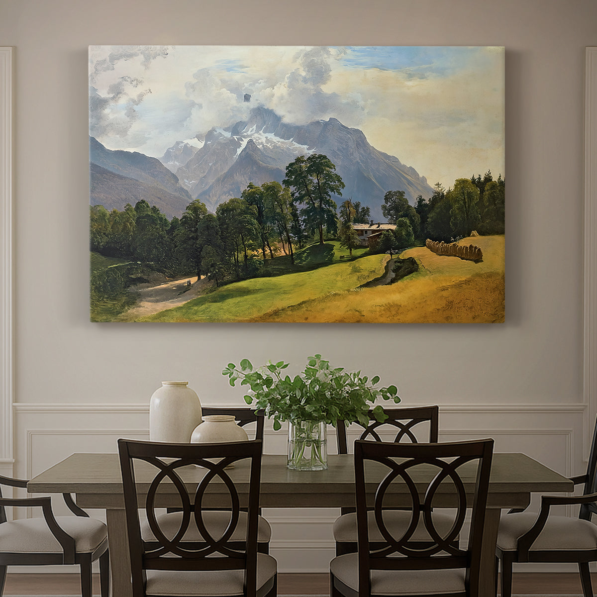 Canvas art print featuring an alpine mountain landscape with towering peaks and valley below, showcased as a statement wall artwork