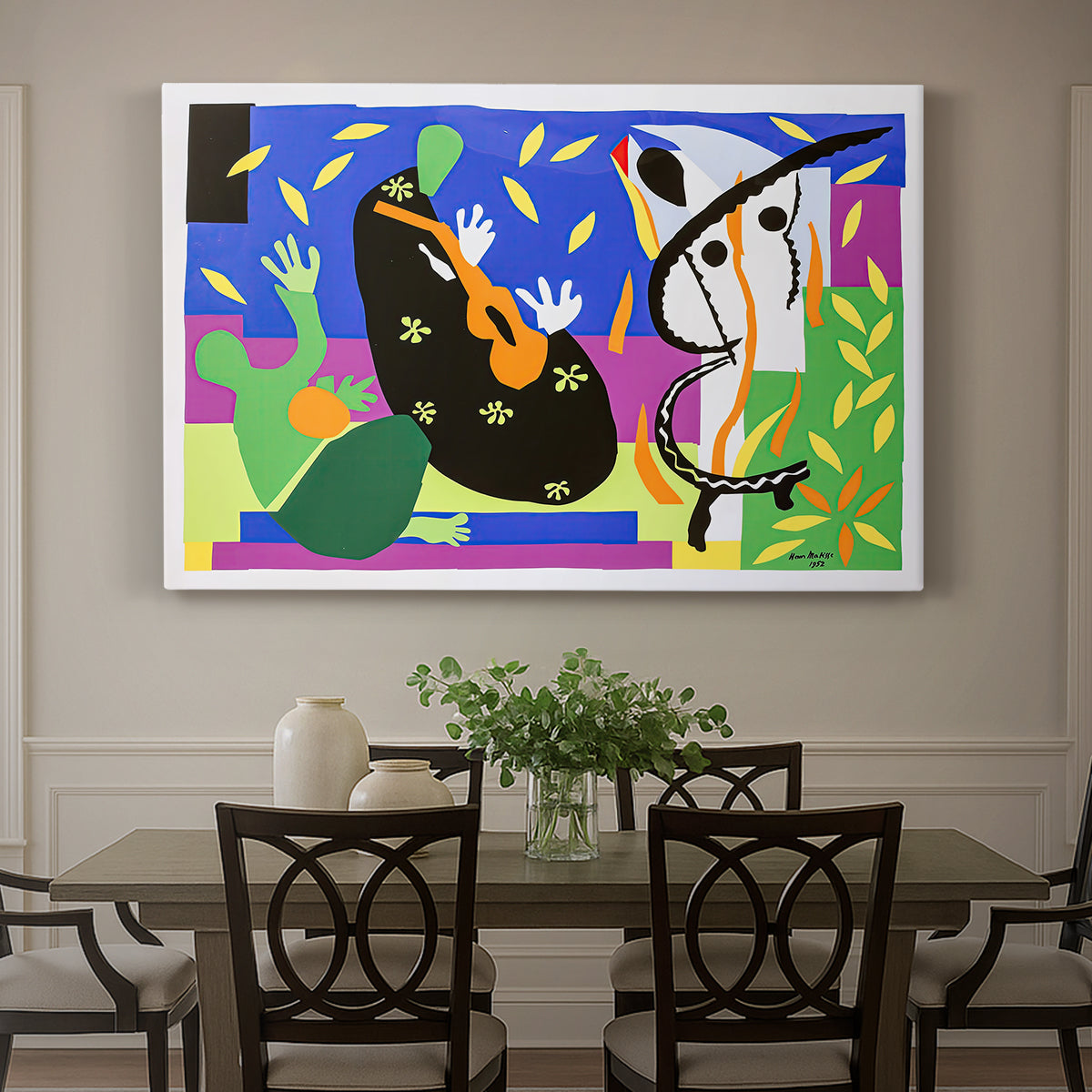 Canvas art print featuring an abstract composition with musician-like figure and shapes, showcased as a statement wall artwork