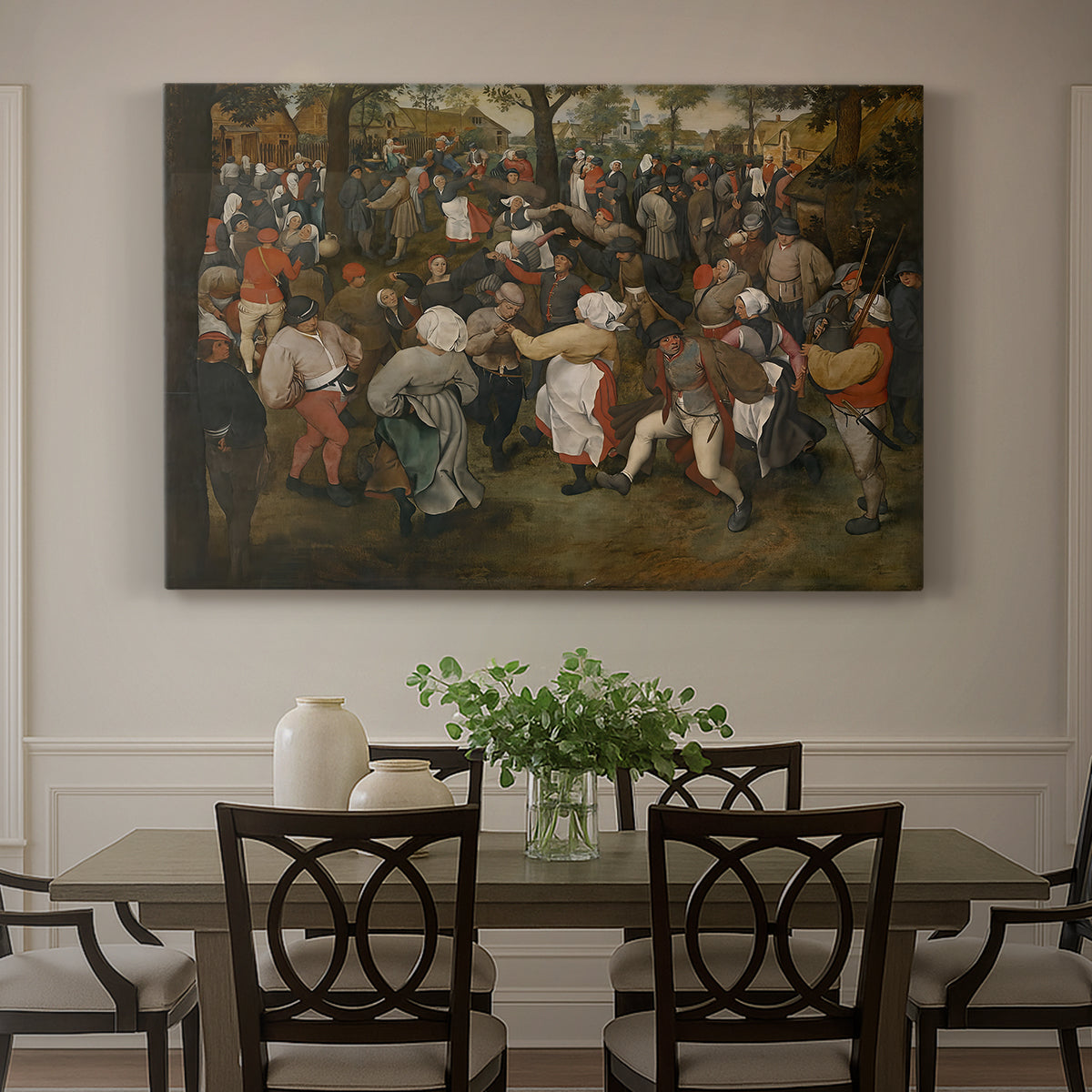 Canvas art print featuring a crowd dancing in outdoor wedding celebration, showcased as a statement wall artwork