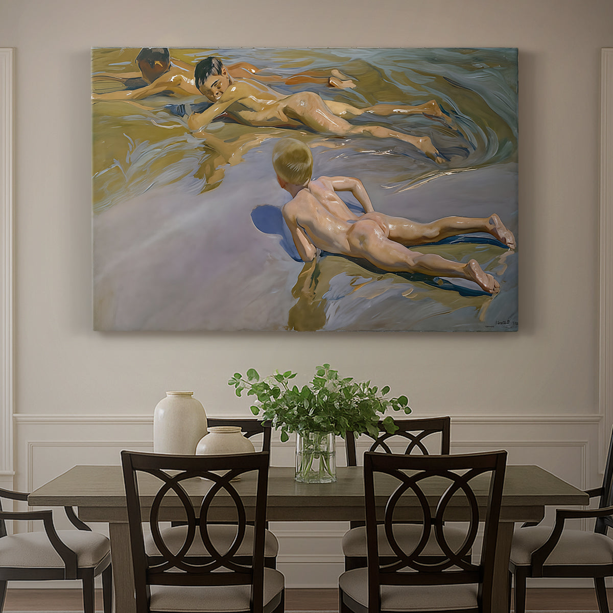 Canvas art print featuring young boys running and playing along shoreline in sunlight, showcased as a statement wall artwork