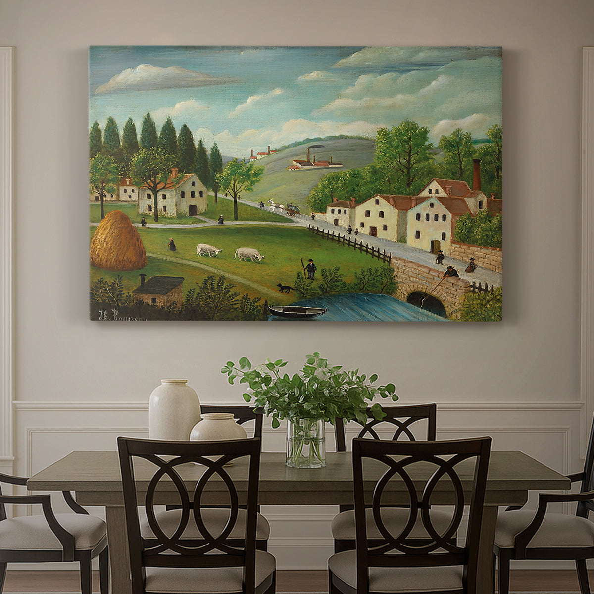 Canvas art print featuring a rural landscape with stream, walking figures, and fisherman near water, showcased as a statement wall artwork