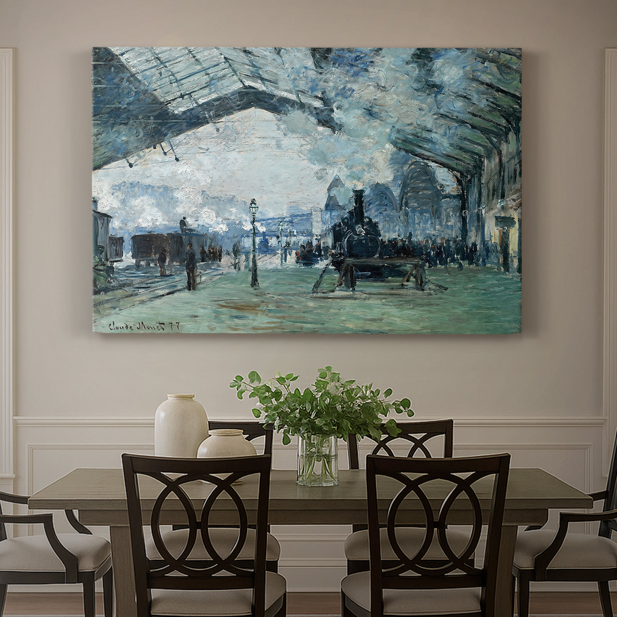 Canvas art print featuring trains arriving under large arched station roof with billowing steam, showcased as a statement wall artwork