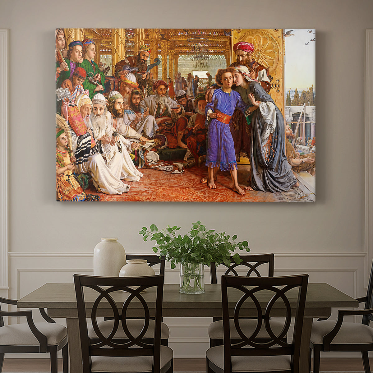 Canvas art print featuring a crowded temple scene with figures in robes surrounding central figure, showcased as a statement wall artwork
