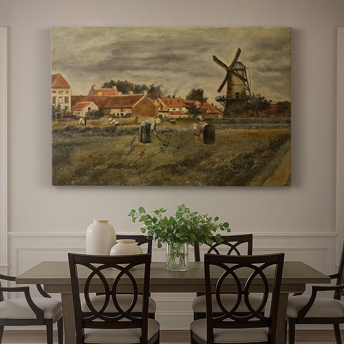 Canvas art print featuring a rural village scene with people working among buildings and open yard, showcased as a statement wall artwork