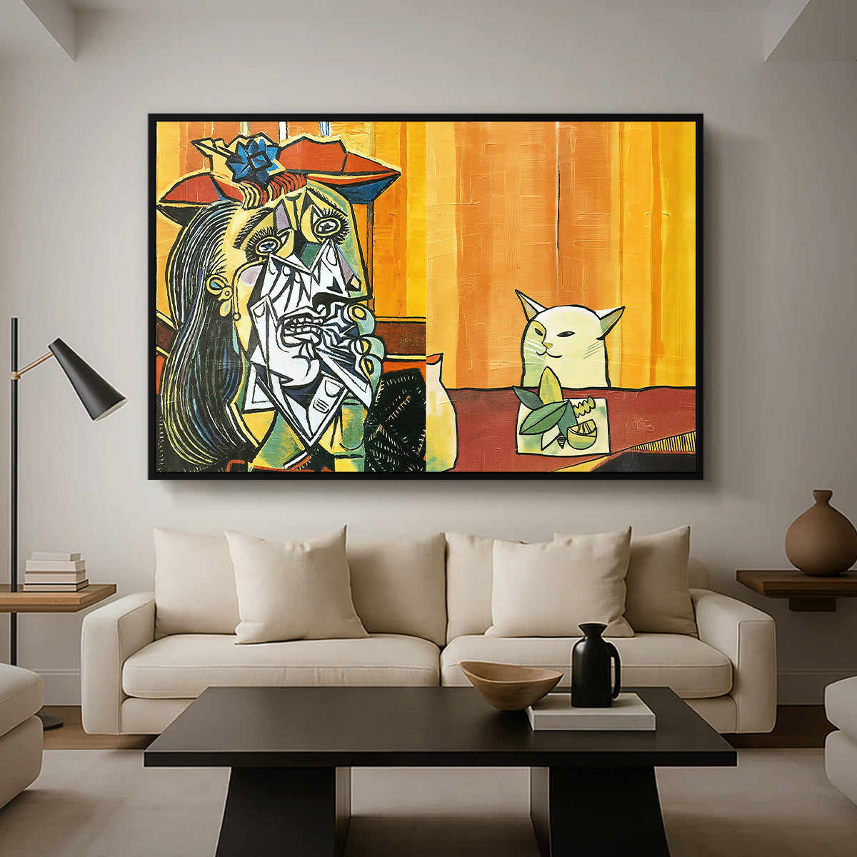 Woman Yelling at a Cat Meme (Picasso Parody) - Floater Framed Canvas Print