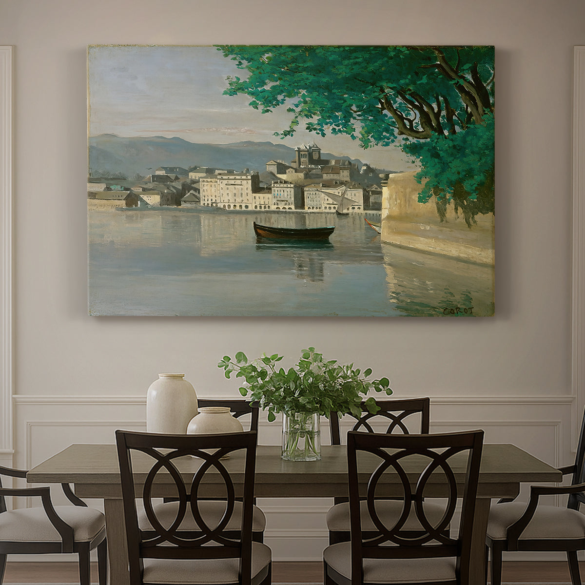 Canvas art print featuring a waterfront city view with buildings and boats along calm water, showcased as a statement wall artwork