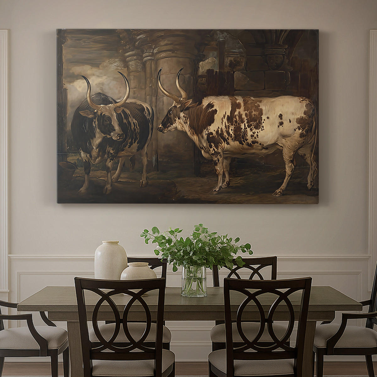 Canvas art print featuring two oxen standing side by side in open rural landscape, showcased as a statement wall artwork