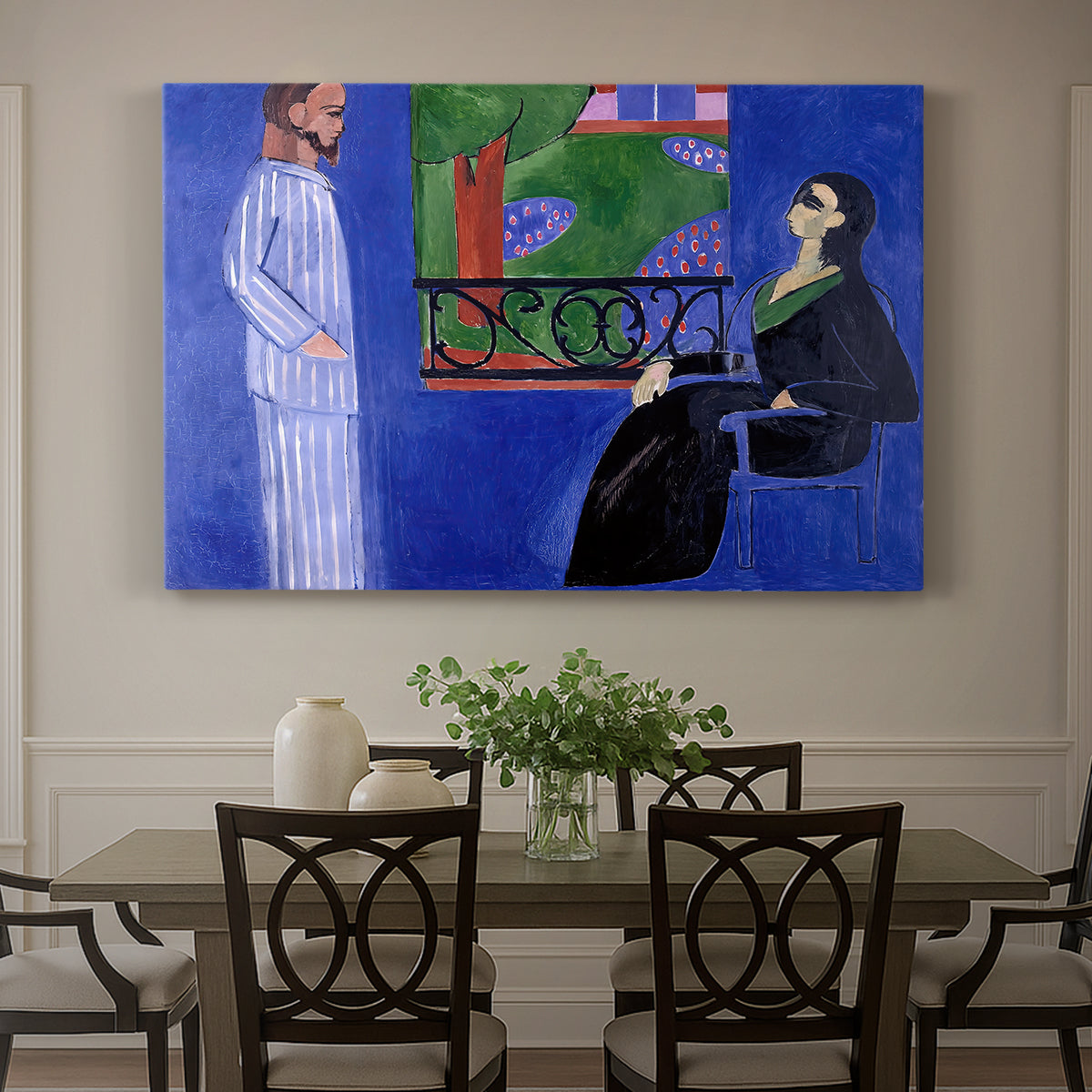 Canvas art print featuring two figures standing in an interior with strong contrasting colors, showcased as a statement wall artwork