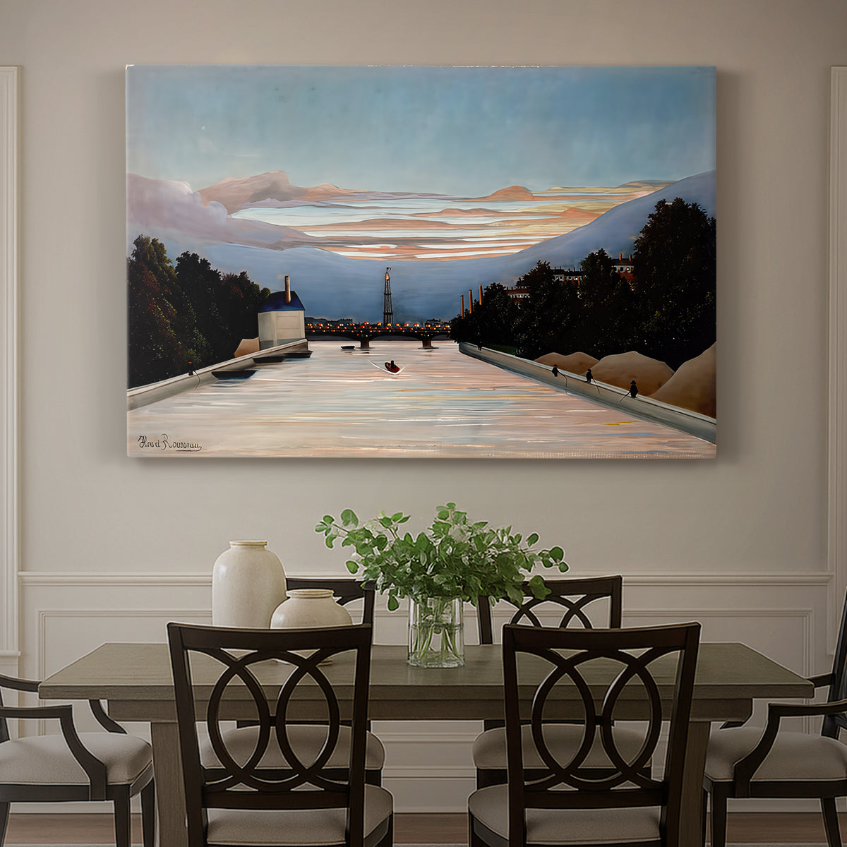 Canvas art print featuring the Eiffel Tower rising above landscape with trees and open sky, showcased as a statement wall artwork