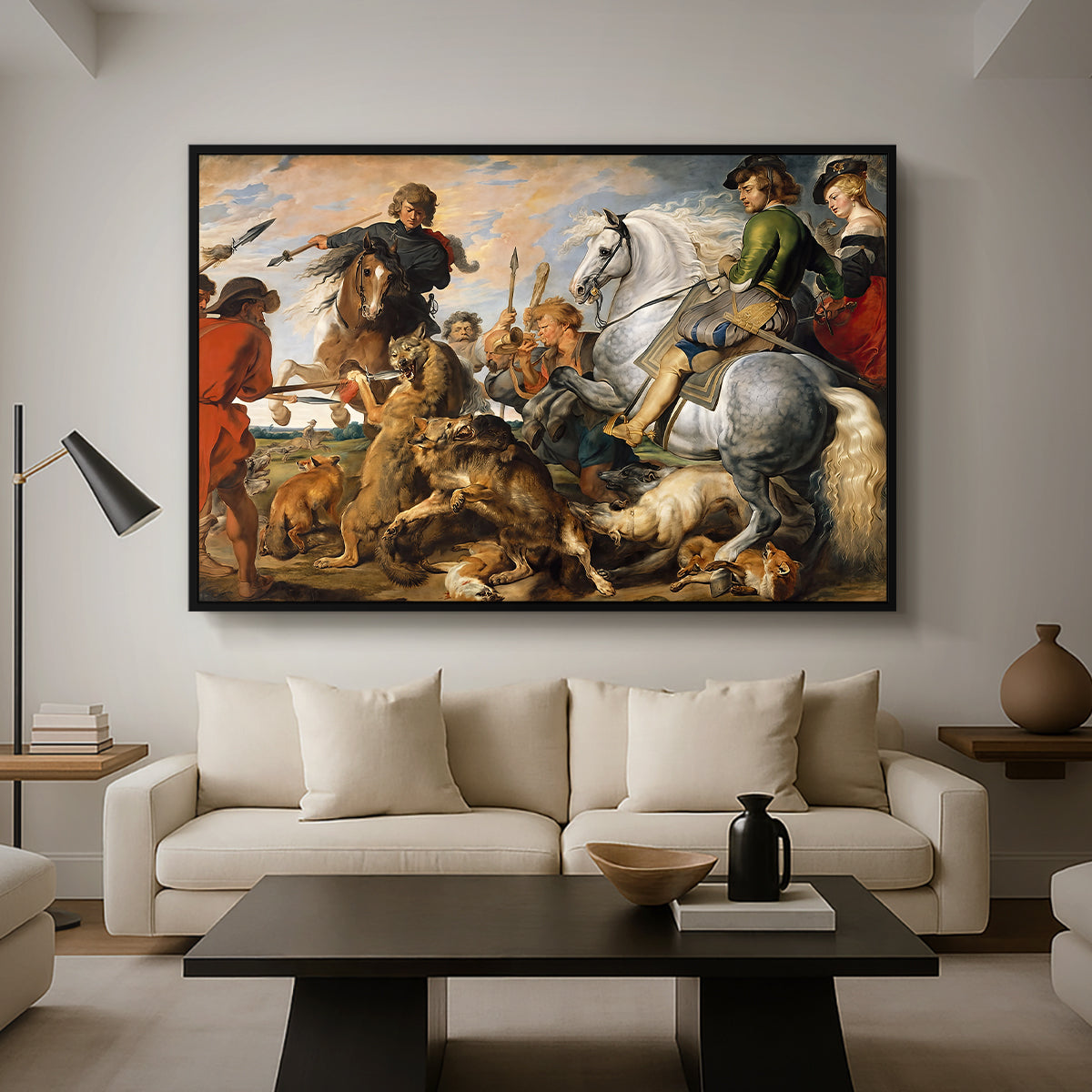 The Wolf and Fox Hunt, c. 1616 - Floater Framed Canvas Print