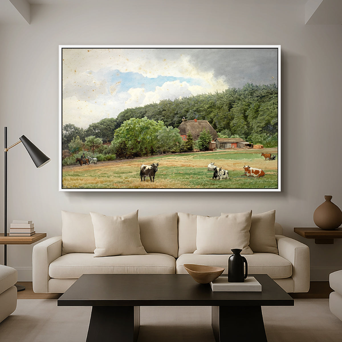 Farm with Grazing Cows (Bondegård med beitende kuer), 1892 - Floater Framed Canvas Print