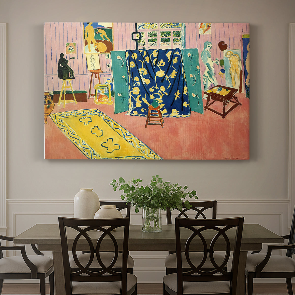 Canvas art print featuring a studio interior filled with objects in pink tones, showcased as a statement wall artwork