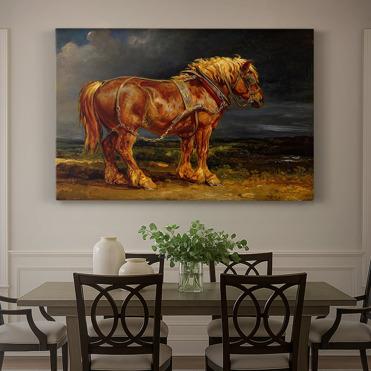 Canvas art print featuring a large shire horse standing prominently in wide open landscape, showcased as a statement wall artwork