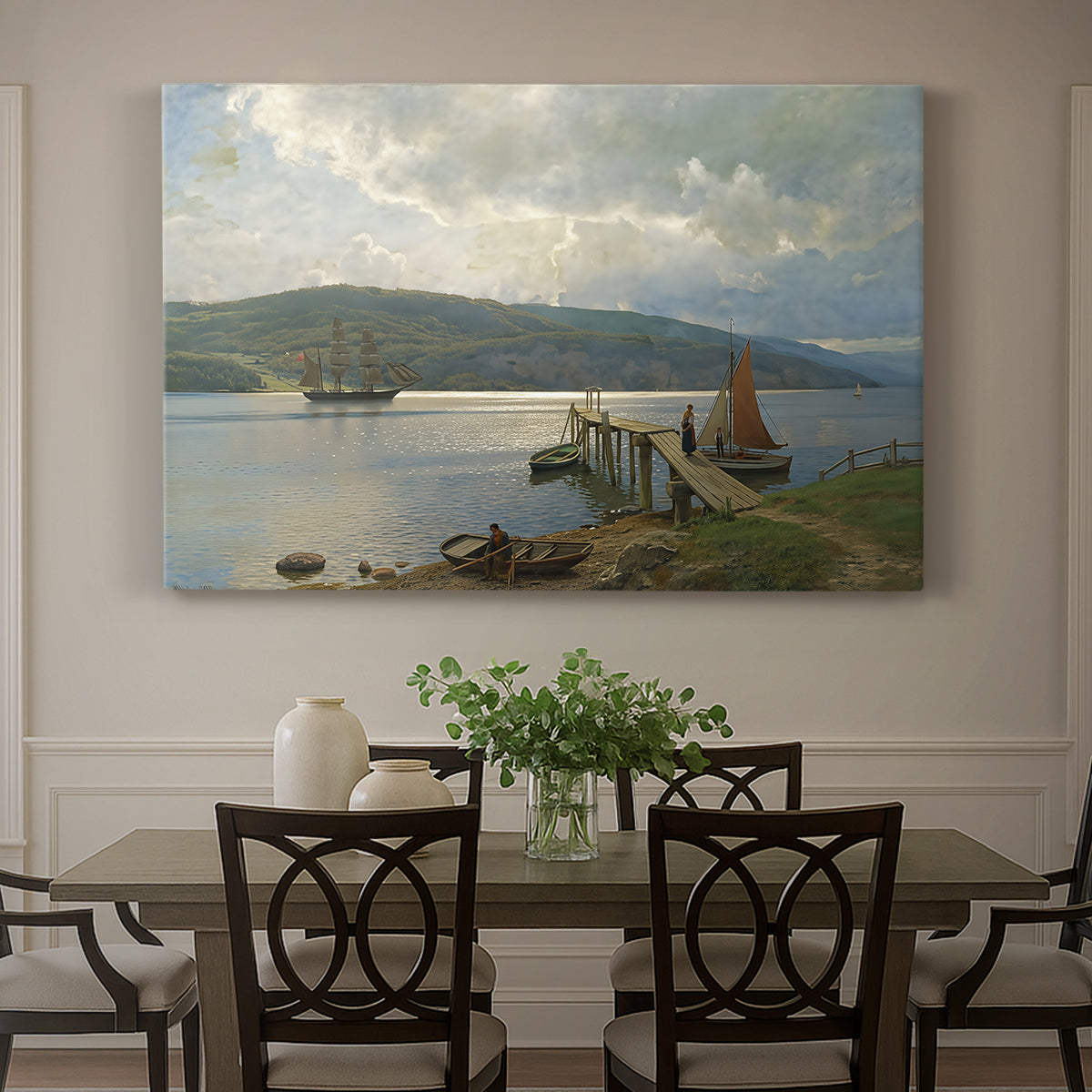 Canvas art print featuring a wooden jetty extending into calm water with boats nearby, showcased as a statement wall artwork