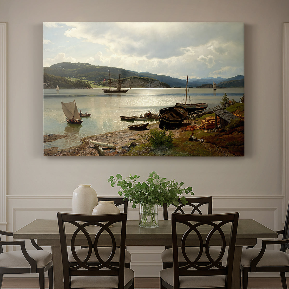 Canvas art print featuring figures and boats gathered along shoreline in calm coastal setting, showcased as a statement wall artwork