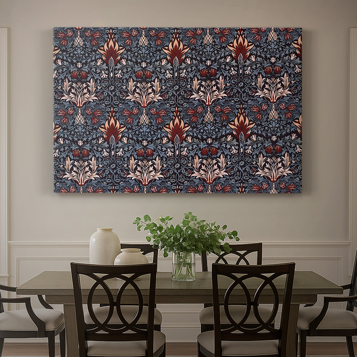 Canvas art print featuring a repeating pattern of stylized flowers with curved stems in contrasting indigo and red tones, showcased as a statement wall artwork