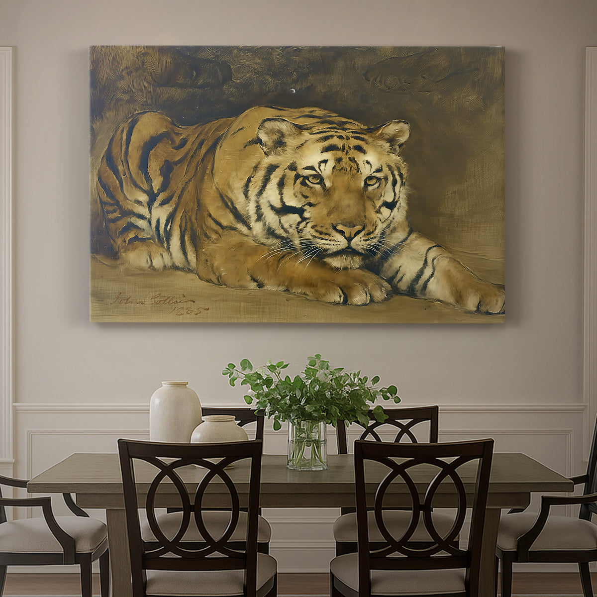 Canvas art print featuring a tiger lying in resting position with detailed form, showcased as a statement wall artwork
