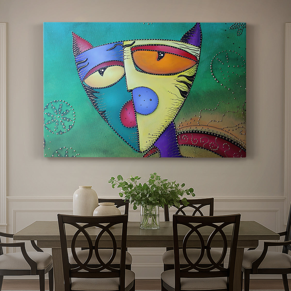 Canvas art print featuring a colorful geometric cat face with angular shapes, showcased as a statement wall artwork