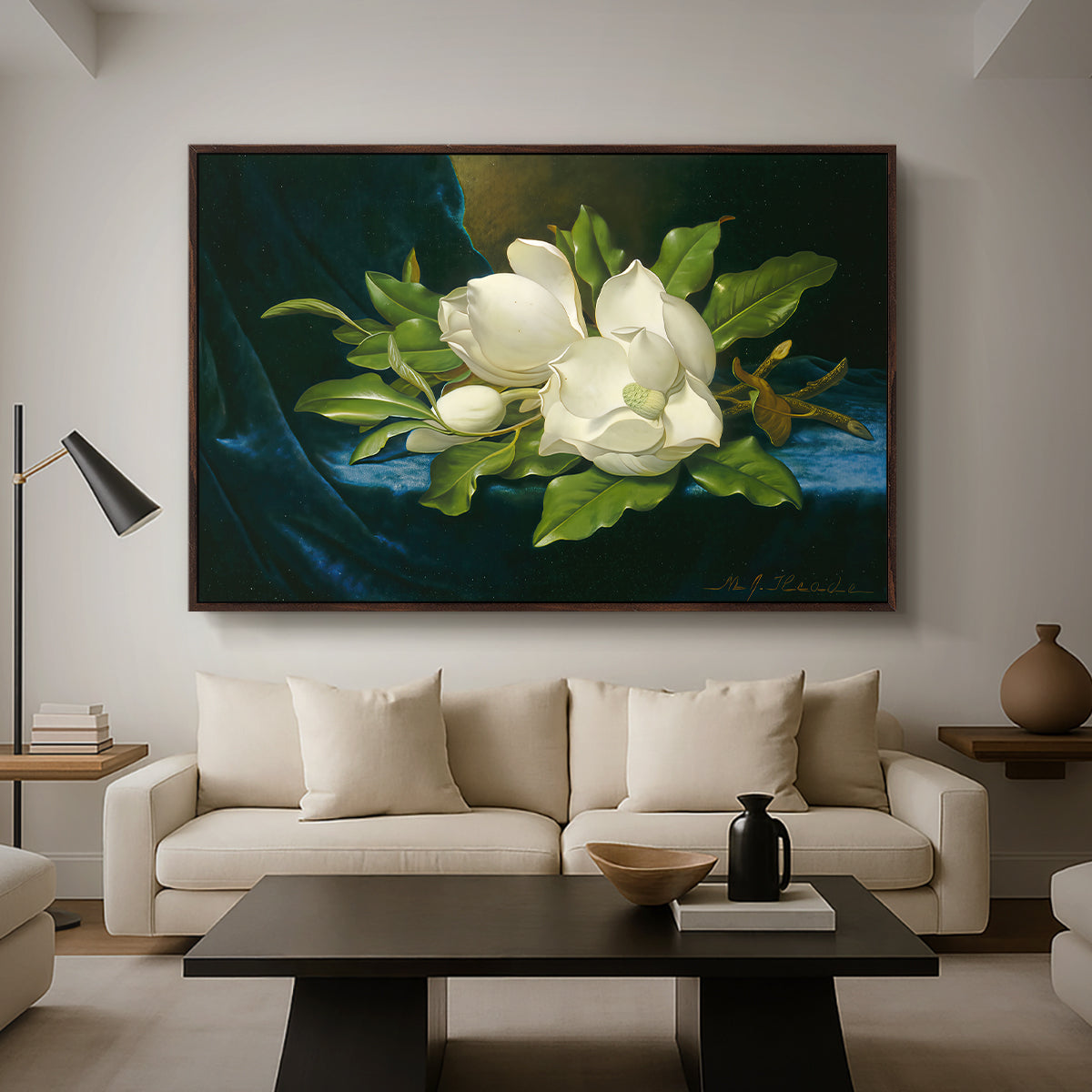 Giant Magnolias on a Blue Velvet Cloth, c. 1890 - Floater Framed Canvas Print