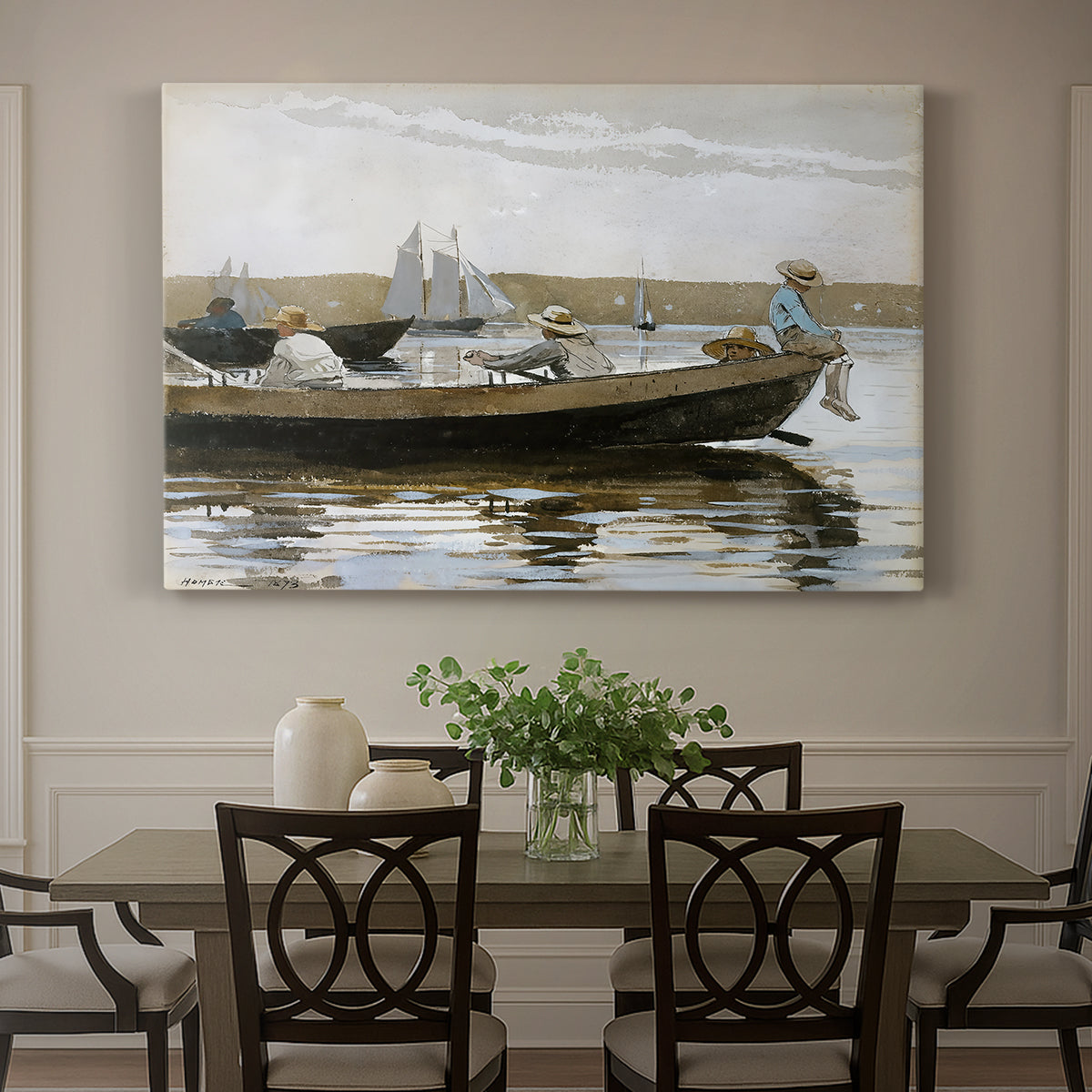 Canvas art print featuring two boys seated in small boat floating on calm water, showcased as a statement wall artwork