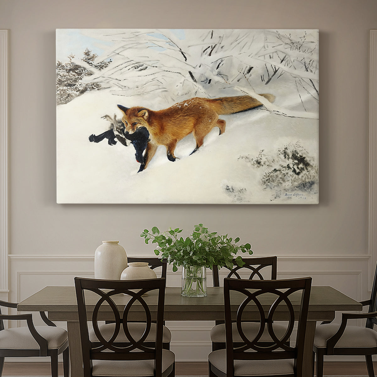 Canvas art print featuring a fox running across snowy landscape with sparse vegetation, showcased as a statement wall artwork