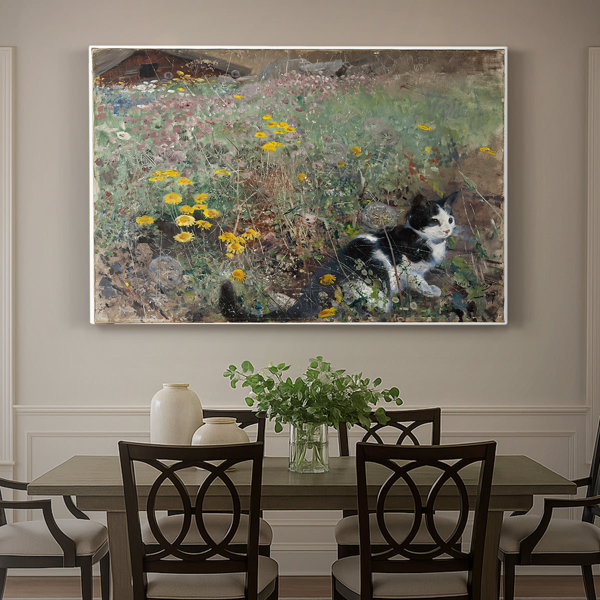 Canvas art print featuring a cat crouching in a meadow filled with wildflowers and greenery, showcased as a statement wall artwork