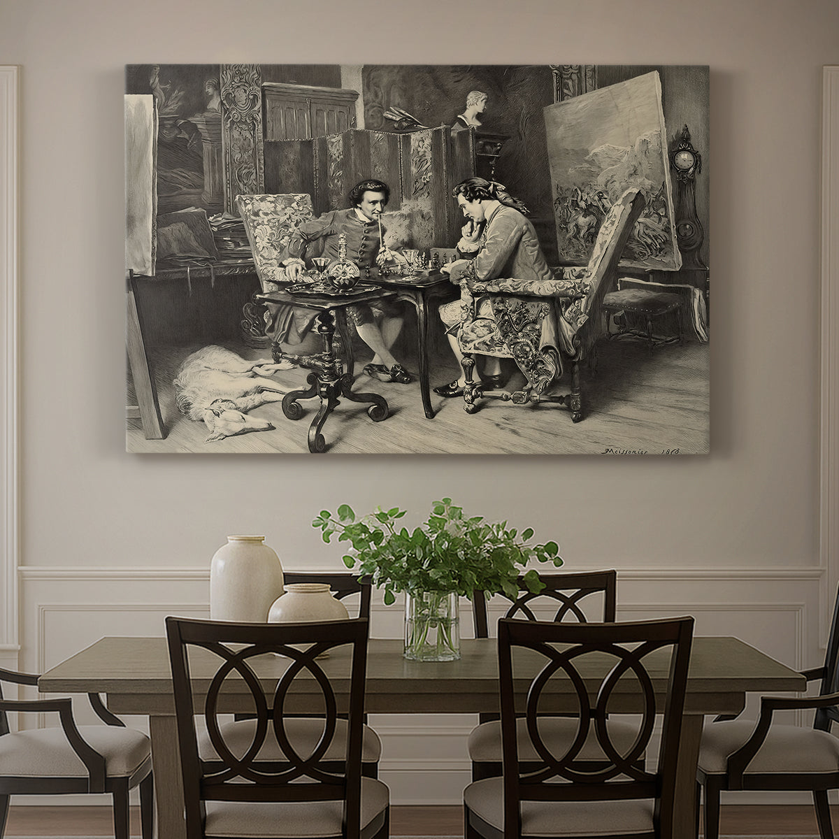 Canvas art print featuring two men seated at table playing chess in detailed interior setting, showcased as a statement wall artwork