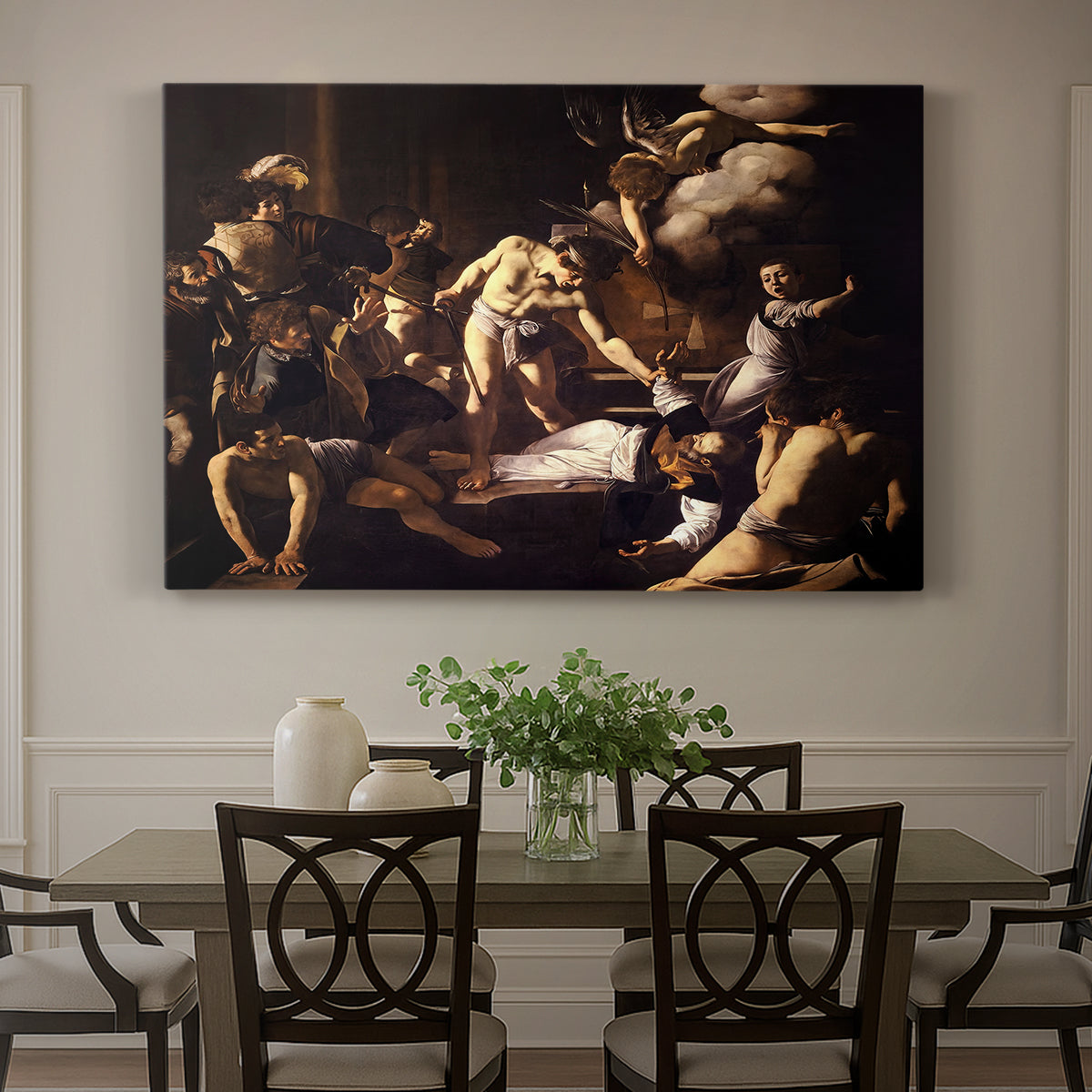 Canvas art print featuring a chaotic scene of Saint Matthew being attacked by executioner in church, showcased as a statement wall artwork