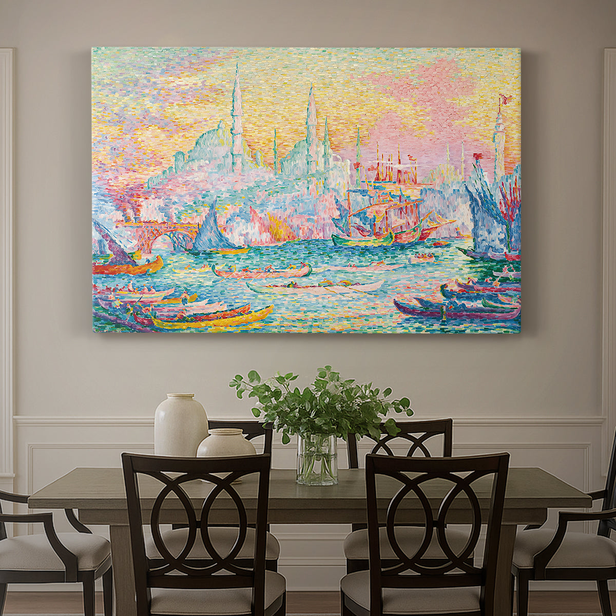 Canvas art print featuring a harbor with city skyline and boats, showcased as a statement wall artwork